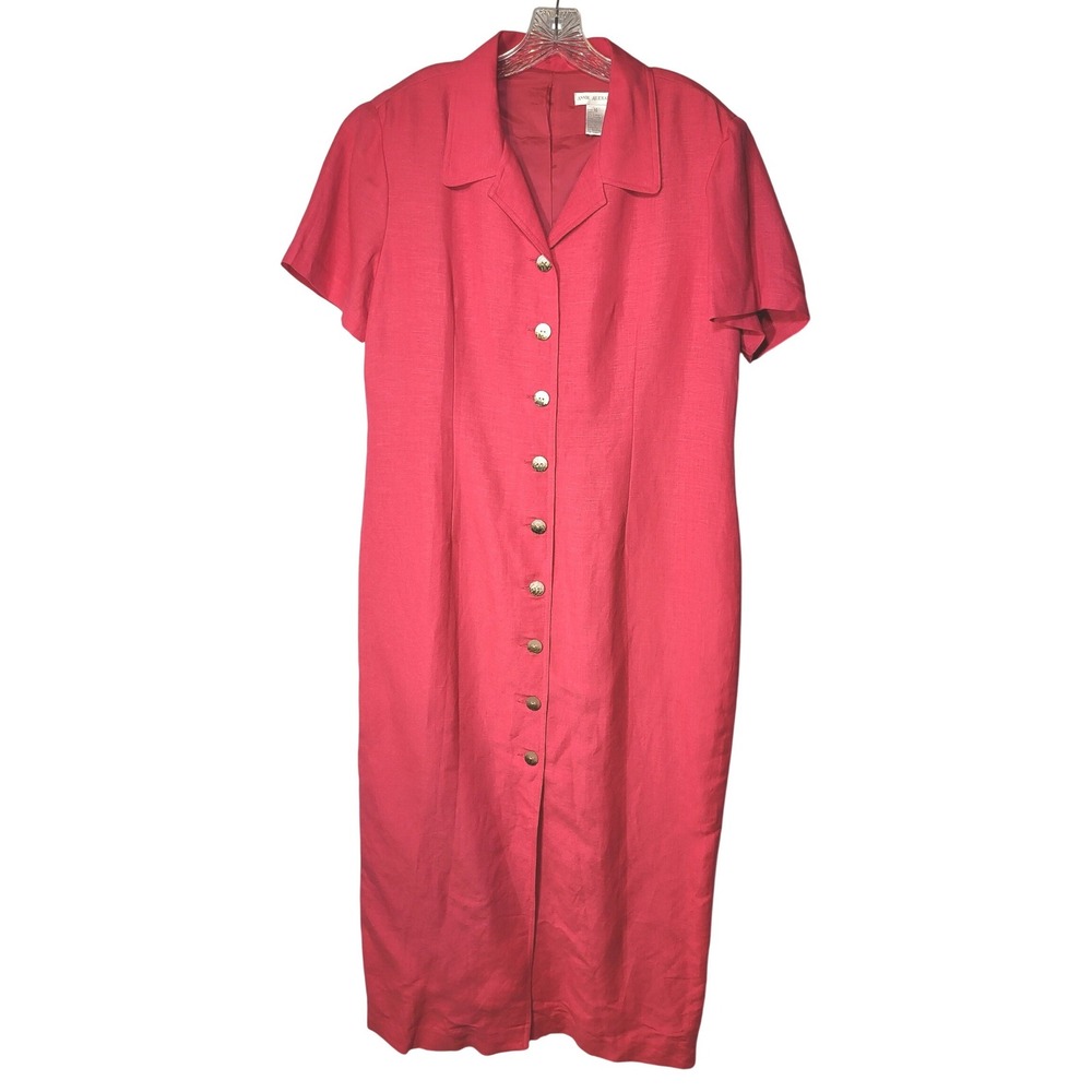Annie Alexander Pink Linen Blend Button Front Short Sleeve Maxi Dress 14‎ Career